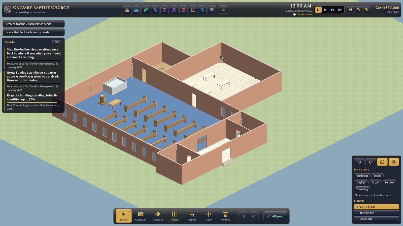 Calvary Baptist in the dying-parish scenario: a 1958 building with every system at 55% and no maintenance budget at all.
