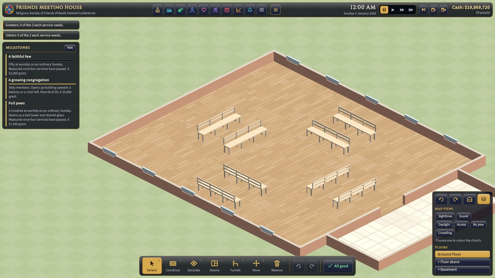 Friends Meeting House: meeting benches in a hollow square on a plain wooden floor. No pulpit, no altar, no focal point.